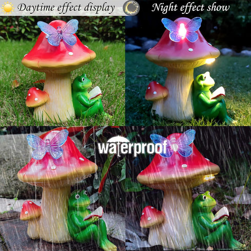 RCTTICUU Solar Frog Mushroom Garden Statues,Statuettes of Resin Frog Mushroom Reading a Book Figurine with LED Solar