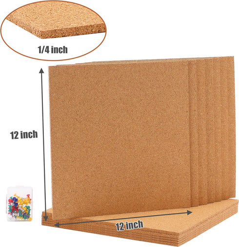SUNGIFT Cork Board 12"x12" - 12 Pack Bulletin Boards, 1/4" Thick Square Decorative Cork Tiles with 100 PCS Push Pins