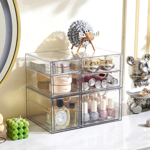 Prsildan Acrylic Drawer Makeup Organizer with 6 Drawers, Set of 2 Clear Stackable Storage for Vanity and Office