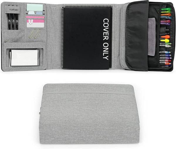 Folio Cover Compatible with Rocketbook Spiral Notebook, Large Capacity Removable Zipper Storage Pouch, Gray, Letter Size