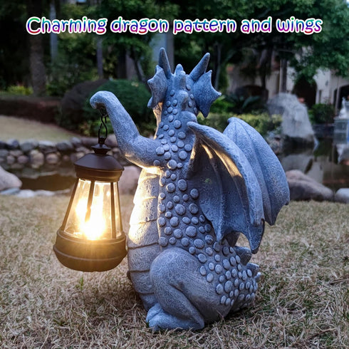 Qobumy Solar Dragon Garden Statue Decoration with Solar Lantern,Dragon Figurine Lights Outdoor Dcor for YardLawn