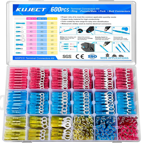 Kuject 600 PCS Heat Shrink Wire Connectors Kit - Waterproof Electrical Wire Terminals for Automotive Marine Boat Truck