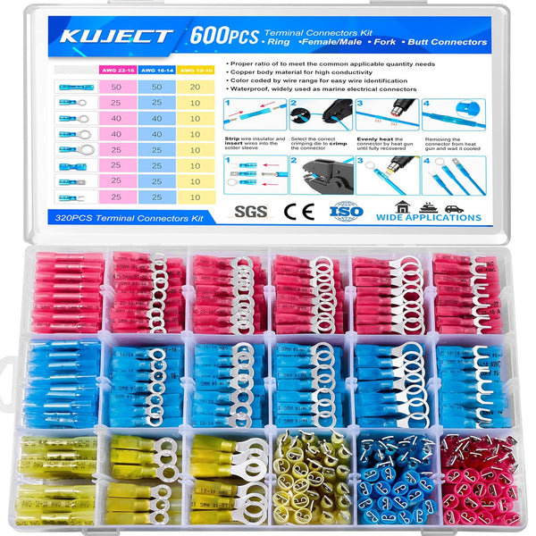 Kuject 600 PCS Heat Shrink Wire Connectors Kit - Waterproof Electrical Wire Terminals for Automotive Marine Boat Truck