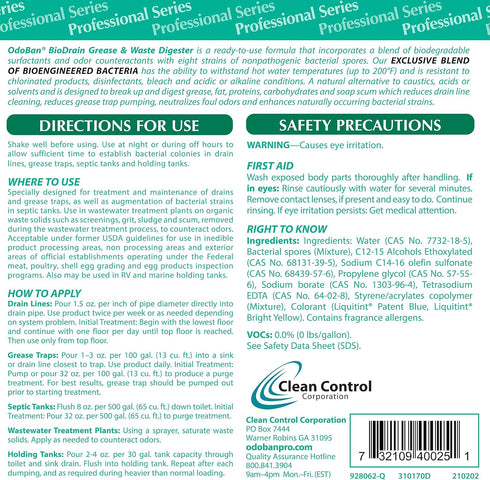 OdoBan Professional Cleaning BioDrain Grease and Waste Digester, Set of 2 Bottles, 32 Ounces Each