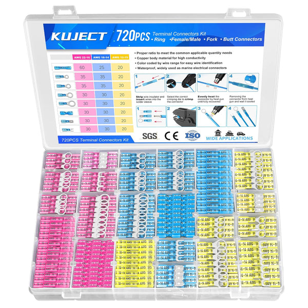 Kuject 720PCS Heat Shrink Wire Connectors Kit, Electrical Waterproof Crimp Butt Terminals, Insulated Spade Connectors