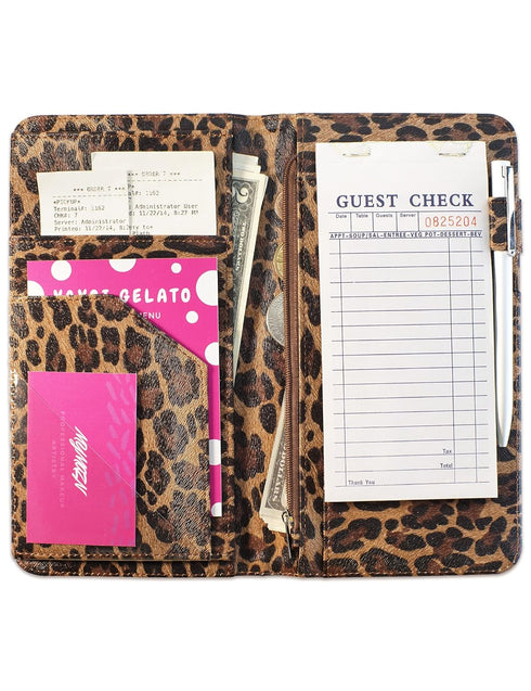 Server Book for Waitress - 5x9 Leopard Magnetic Closure Wallet with Zipper Pocket and Money Pouch