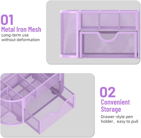 SUPEASY Mesh Desk Organizer with Drawers, 9 Compartments for Office Supplies, 8.6 x 4.3 x 4.1 Inch, Purple