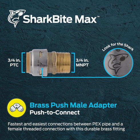 SharkBite Max 3/4 Inch MNPT Adapter, Push to Connect Brass Plumbing Fitting for PEX Pipe