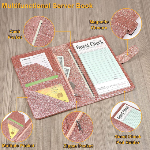 Server Book for Waitress - Leather Waiter Book Server Wallet with Zipper Pocket, Cute Serving Book&Server Note Pads