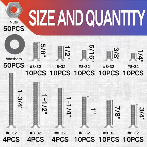 8#-32 Flat Countersunk Head Machine Screws 192Pcs 304 Stainless Steel Phillips Fasteners Flat Head Electricians Screw Nuts Kit Full Thread Small Screws Outlet Screws Mounting Screws
