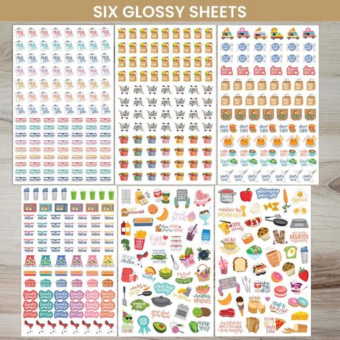 bloom daily planners Meal Planning Stickers - 8 Sheets / 592 Stickers - Essential Variety Pack for Menu Prepping, Grocery Shopping, Food & Diet Tracking - Colorful Quotes, Illustrations & Icons by bloom daily planners