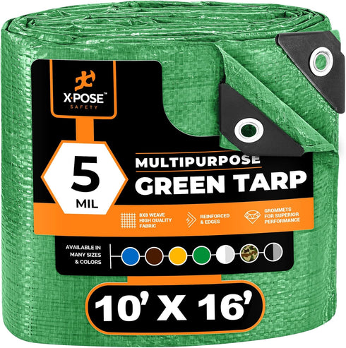 Xpose Safety 10' x 16' Green Poly Tarp - Durable, Water Resistant, 5 Mil Thick Polyethylene Cover