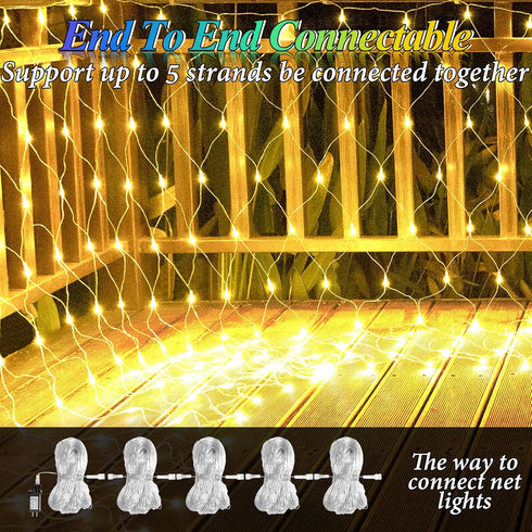 8ft 8ft 180LED 8 x Net Lights, Gazebo Lights Outdoor Modes Timer, Waterproof Connectable Christmas String Lights Clear
