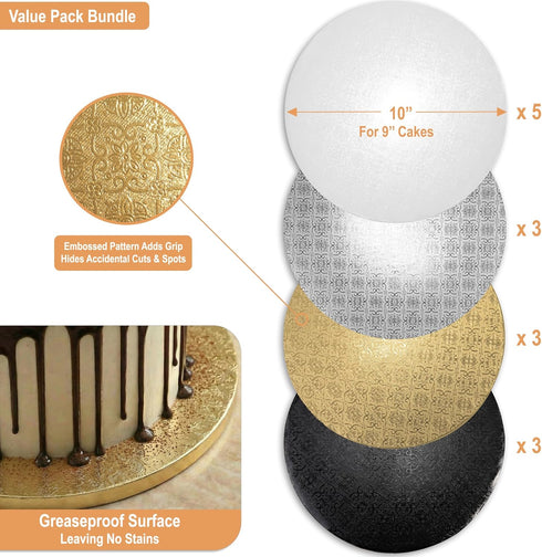 10 inch (14 Pack) 1/2" Sleek Cake Drums in White, Silver, Gold, Black Color | Thick CakeBoard Circle Rounds + Free Prop