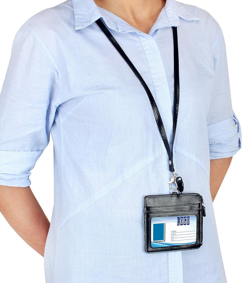 Wisdompro 2-Sided PU Leather ID Badge Holder with Zip, 1 ID Window, 4 Card Slots, 1 Side Zipper Pocket, 20 Inch Lanyard