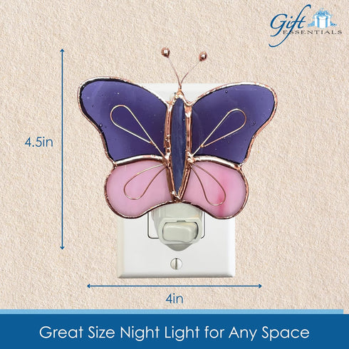 4 Bulb Gift Essentials Pink and Purple Butterfly Plug in Night Light - Stained Glass Nightlight with On/Off Rocker