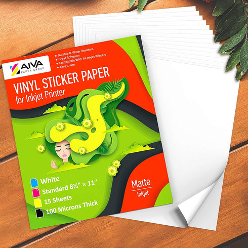 Printable Vinyl Sticker Paper for Inkjet Printer - Matte White, 15 Self-Adhesive Sheets, Waterproof