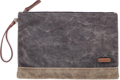Gootium Waxed Canvas Zip Folio Pencil Pouch - Multipurpose File Folder, Size 13"x9.4", Olive Drab