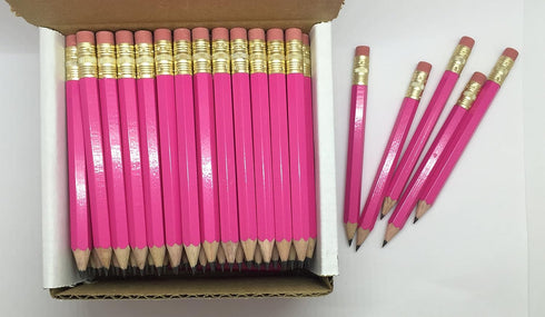 Express Pencils Deep Pink Half Pencils with Eraser - Golf, Classroom, Mini, Hexagon, Non Toxic, #2 Pencil (Box of 48)