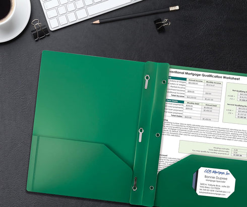 Better Office Products Green Plastic 2 Pocket Folders with Prongs, Heavyweight, Letter Size, 24 Pack