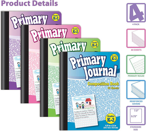 Better Office Products Primary Journal, Hardcover, 4 Fun Colors, Primary Composition Book, 80 Sheets, 9.75" x 7.5", 4