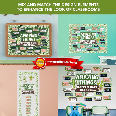 Decorably 53 Pcs Cactus Bulletin Board Decorations Set with Borders - Plant and Succulent Decor for Classroom