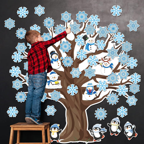 Whaline 104Pcs Winter Tree Bulletin Board Decoration, Snowflake Tree Snowman Penguin Cutouts for Holiday Party School