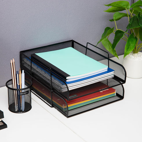 Mind Reader Stackable Paper Tray, 4 Pcs Desktop Organizer, Metal Mesh File Storage, 10.5" L x 13.5" W x 11.25" H, Black