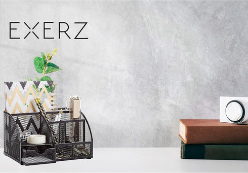 Exerz Desk Organizer Black Office Supplies, Desktop Pencil Pen Holder with Drawer for Home Workspace Storage