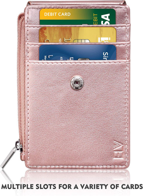 ELV Badge Holder with Zipper, PU Leather ID Card Holder Wallet with RFID Blocking Pocket and Lanyard (ROSE GOLD)