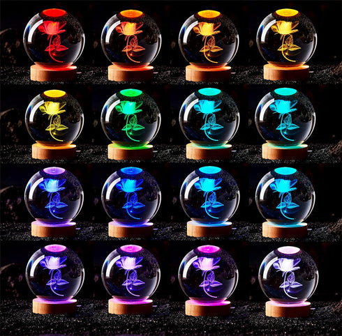 Conalisk 3D Lamp,3.15 inch Base,16 Light,Dimmable Rose Crystal Ball Crystal Ball Night Light with Wooden Colors