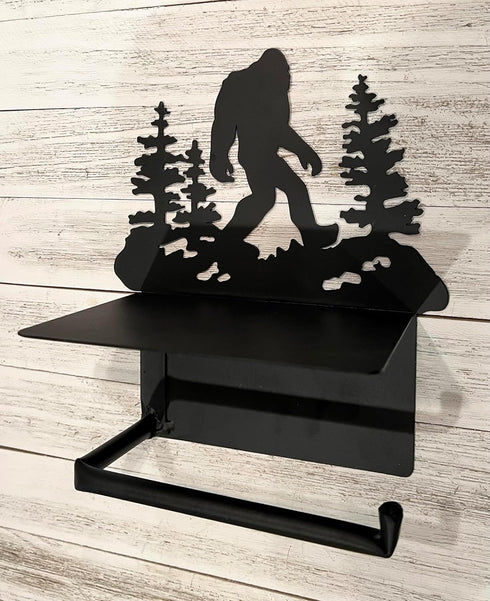 Bigfoot Sasquatch Metal Toilet Paper Holder with Phone Shelf - Wall Moutned Dispenser - Rustic Cabin, Lodge, Mountain