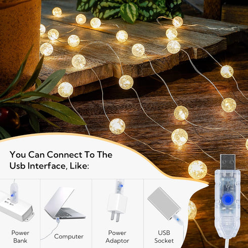 Lights,10FT 30 Lights,8 Globe String LED Decorative Christmas Modes Crystal Crackle Ball Lights,USB Twinkle Fairy