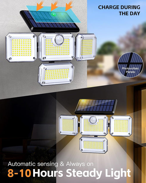 4-Head 333 Outdoor3000 6500K, IP65 270 2Pack Outdoor Motion Sensor Lamp, Solar Power Light, LED Solar Light, Wireless