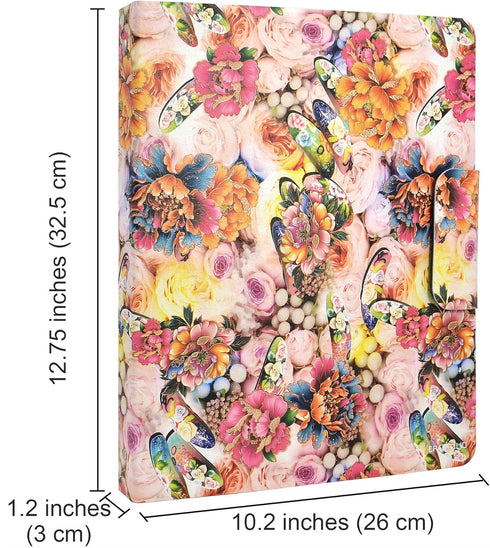 Padfolio Ring Binder with 3-Ring Binder, Color File Folders, Flower Painting PU Leather Organizer, Clipboard (Pink)