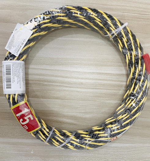 49FT Fish Tape Wire Fishing Tools, 6.0mm Diameter 3 Wires Twisted with Guide Spring, Black and Yellow 15m