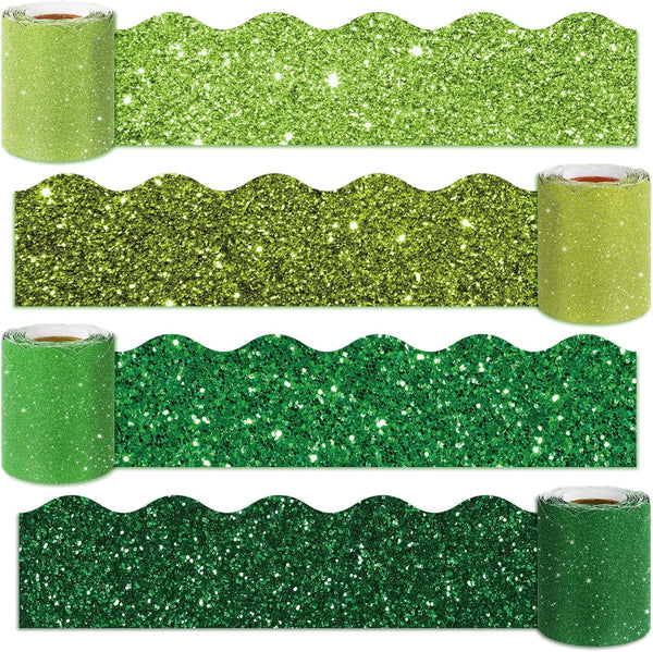 Whaline 131.2ft St. Patrick's Day Bulletin Board Borders, 4 Rolls Glitter Green Die-Cut Trim for Classroom Decor