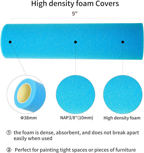 9 Inch Foam Paint Roller, High Density Foam Rollers for Painting Walls, 3 Pack for Houses or Furniture