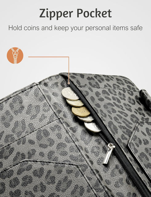 5"9" Server Book for Waitress Book with Zipper Pocket and Magnetic Closure, Grey Leopard Cute Server Wallet with Money