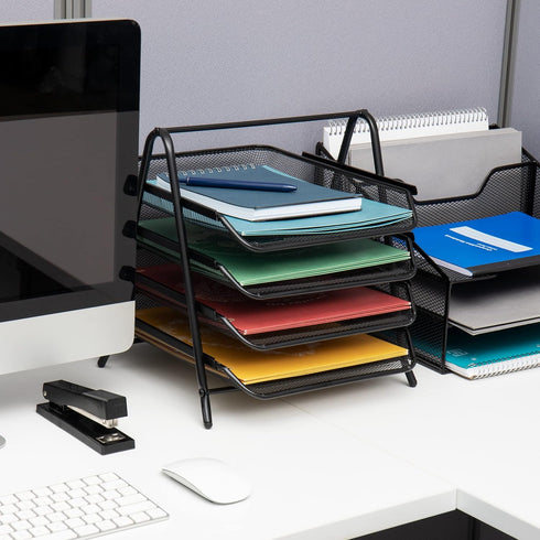 Mind Reader 4-Tier Paper Tray, Desktop Organizer, Metal Mesh, 12"L x 13.75"W x 12.5"H, Black
