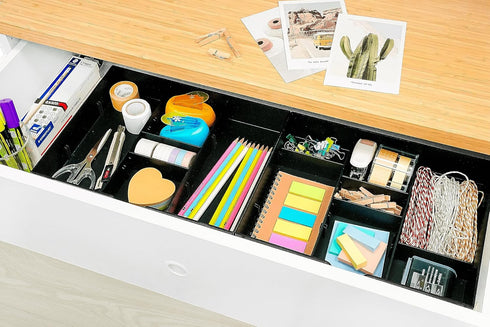 CAXXA 3 Slot Drawer Organizer, Black - 4 Adjustable Dividers for Junk Drawer Storage, Office Desk Supplies