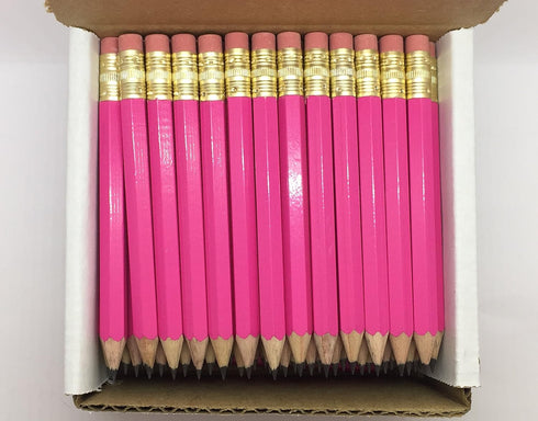 Express Pencils Deep Pink Half Pencils with Eraser - Golf, Classroom, Mini, Hexagon, Non Toxic, #2 Pencil (Box of 48)