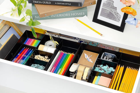 CAXXA 3 Slot Drawer Organizer, Black - 4 Adjustable Dividers for Junk Drawer Storage, Office Desk Supplies