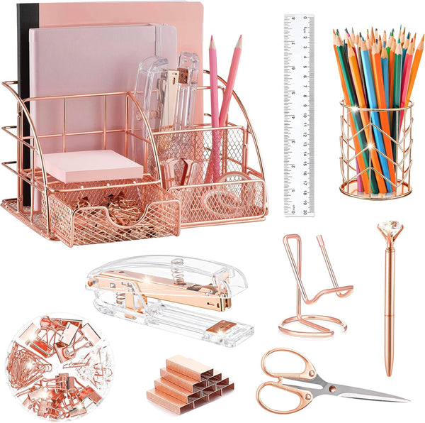 Rose Gold Desk Organizers Set with Stapler, Pen Holder, Phone Holder, Scissors, Ruler, Clips, Tacks, and Staples