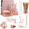 Rose Gold Desk Organizers Set with Stapler, Pen Holder, Phone Holder, Scissors, Ruler, Clips, Tacks, and Staples
