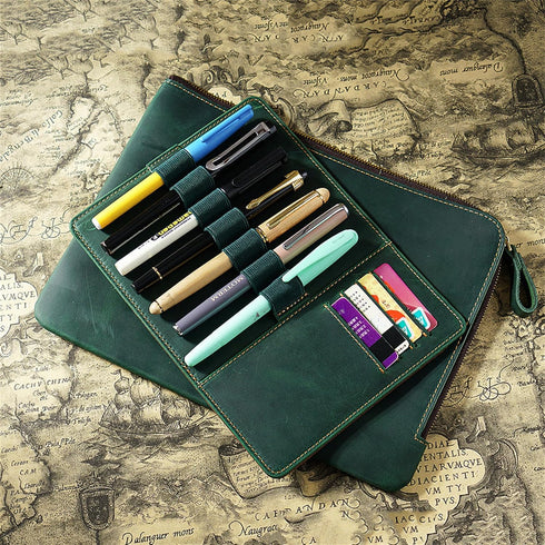 Genuine Leather Zip Pen Case - Creative 7 Slots with Removable Pen Tray Holder (Green)