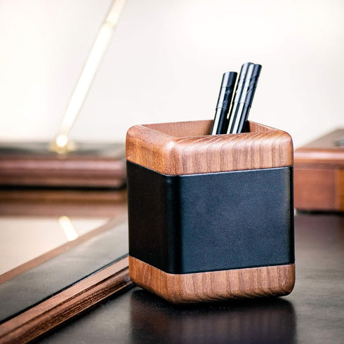 Dacasso Walnut and Leather Luxury Cup Storage & Office Accessories, Elegant Pen Organizer, Black