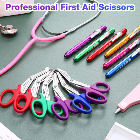 24 Pack Chumia Trauma Shears Pen Light Bulk for Nurses Nursing Scissors with Pupil Gauge Bandage Nurse Scissors LED
