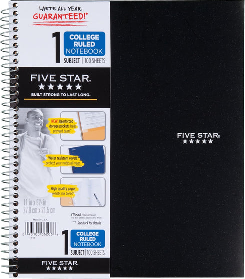 Five Star Spiral Notebook, 1 Subject, College Ruled, 11" x 8-1/2", Assorted Designs, 6 Pack