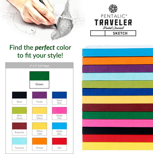 Pentalic Pocket Sketchbook: 3" x 4" Traveler Journal, 160 Pages, Green